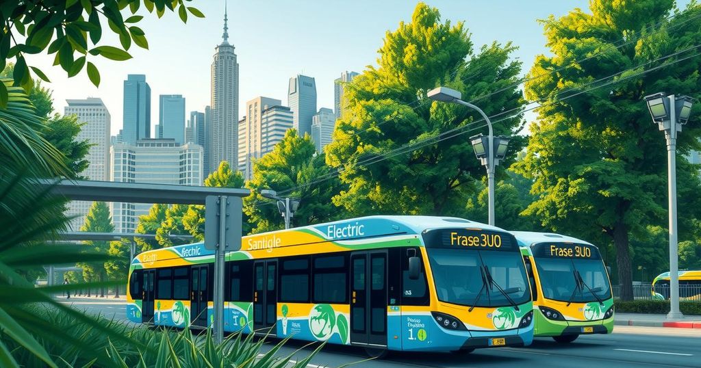 Chinese-made electric buses in Santiago, surrounded by greenery and city skyline, showcasing eco-friendly transport.