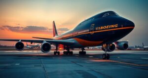 A sleek Boeing 747 jet with a polished exterior and American flags, symbolizing air travel and government.