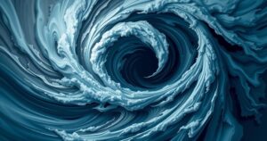 Swirling blue and gray cyclone graphic, depicting storm clouds and winds in a dramatic weather pattern.