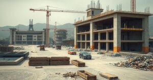 Electric car plant site under construction in Bahia, Brazil, depicting crumbling structures and debris.