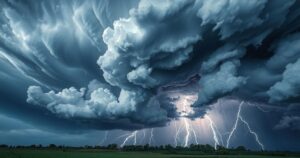 Dramatic thunderstorm clouds over a landscape, displaying dark stormy colors and flashes of lightning, set in an impressionist style.