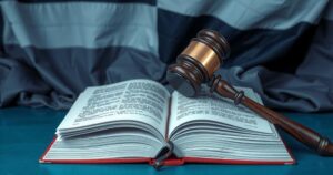 A gavel above law books with a backdrop of a national flag, representing legal challenges in international trade.