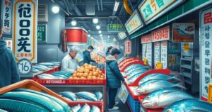 A serene view of Seoul's Noryangjin Fish Market showcasing fresh seafood and vibrant atmosphere.