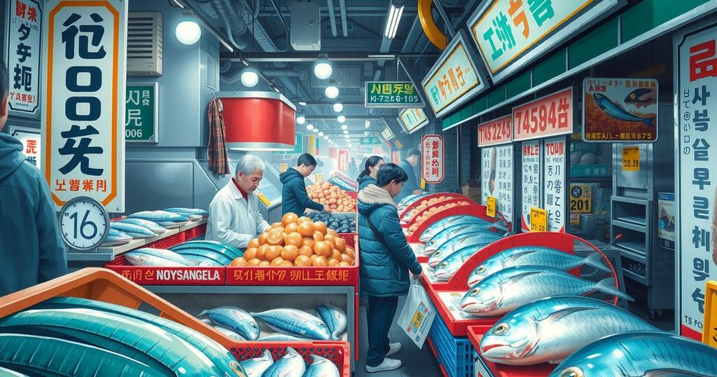 A serene view of Seoul's Noryangjin Fish Market showcasing fresh seafood and vibrant atmosphere.