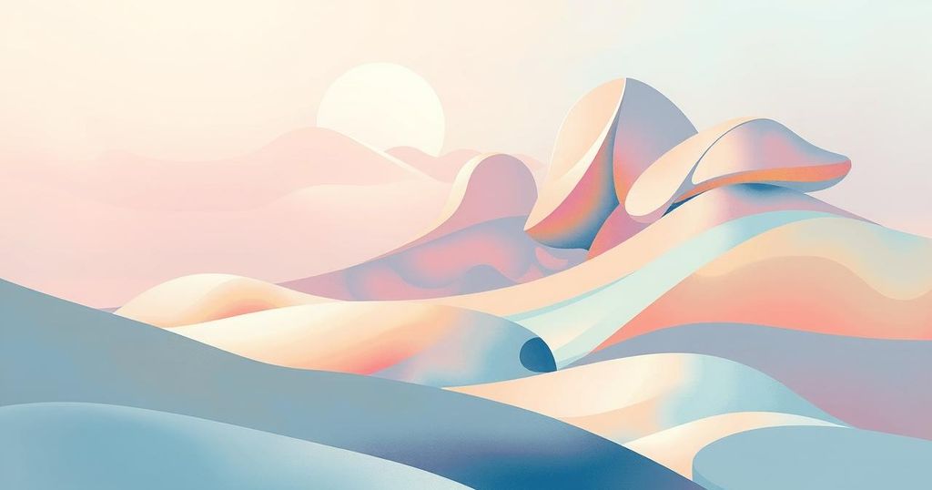 Peaceful landscape with soft colors, symbolizing hope. Abstract shapes blend harmoniously in gentle strokes.