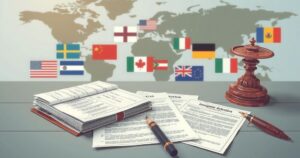 A symbolic representation of immigration issues, featuring complex legal documents and diverse flags on a map background.