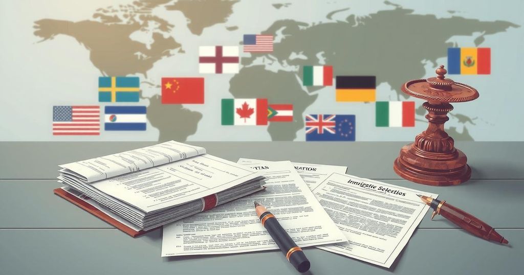 A symbolic representation of immigration issues, featuring complex legal documents and diverse flags on a map background.