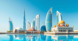 A symbolic representation of diplomacy featuring iconic landmarks from Saudi Arabia, Qatar, and UAE under a clear blue sky.