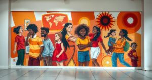 A colorful abstract mural representing diversity and immigration themes with bold shapes and warm tones.