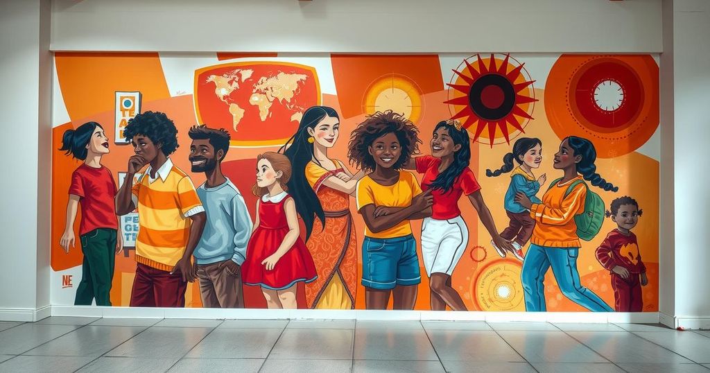 A colorful abstract mural representing diversity and immigration themes with bold shapes and warm tones.