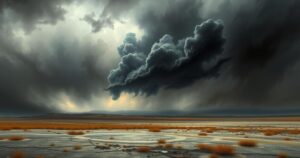 A dark, ominous landscape with stormy clouds and desolate surroundings reflecting distress and crisis.