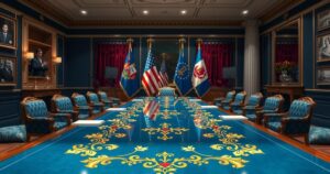 Diplomatic meeting setting depicting leaders discussing serious topics with an air of tension, rich colors, and classical style.
