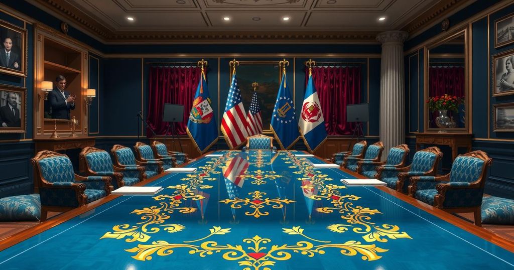 Diplomatic meeting setting depicting leaders discussing serious topics with an air of tension, rich colors, and classical style.