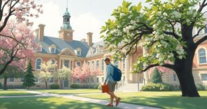A serene academic landscape featuring a traditional university, with blooming trees and peaceful walkways, in pastel colors.