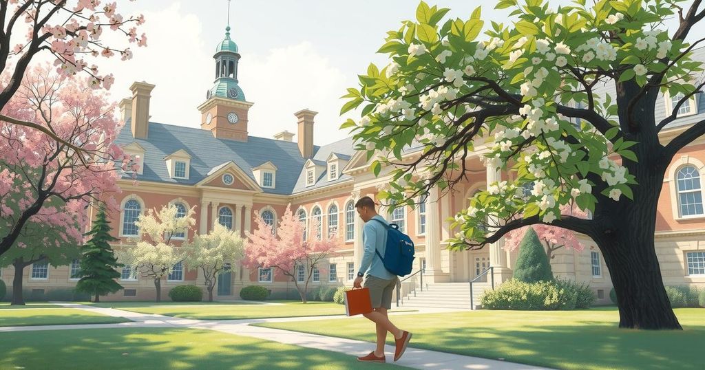 A serene academic landscape featuring a traditional university, with blooming trees and peaceful walkways, in pastel colors.