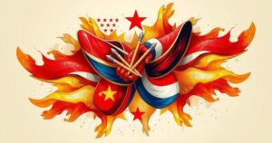 Abstract representation of unity and cooperation in security, featuring flags and symbols of North Korea and Russia in warm tones.