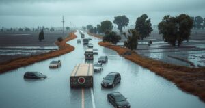 Flooded roads in Argentina with abandoned vehicles in a rainy landscape, reflecting heavy rainfall impacts.