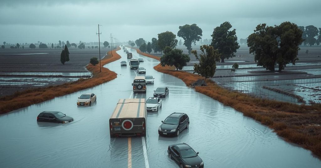 Flooded roads in Argentina with abandoned vehicles in a rainy landscape, reflecting heavy rainfall impacts.