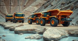 A fleet of advanced mining trucks in a rugged landscape with soft rock formations, showcasing innovative autonomous technology.