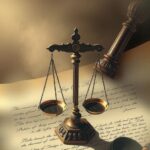 Illustration of a legal document with scales of justice surrounded by foggy shadows representing complexity.