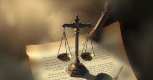 Illustration of a legal document with scales of justice surrounded by foggy shadows representing complexity.