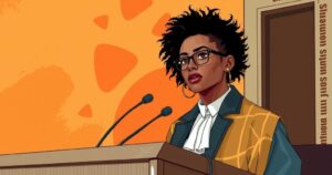 Stylized depiction of court scene with a stylist on the stand, colorful abstract background.