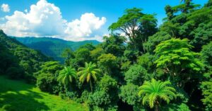 Scenic view of lush Suriname forest with a clear sky, symbolizing hope for future development from oil wealth.