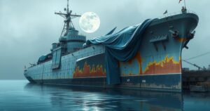 A damaged warship on its side docked at a port with blue tarpaulin covers, reflecting the incident's tension.