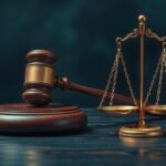 A visual representation of justice symbolizing a legal decision, featuring a gavel and blindfolded scales in a dark color scheme.