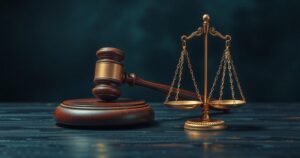 A visual representation of justice symbolizing a legal decision, featuring a gavel and blindfolded scales in a dark color scheme.