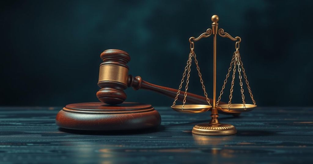 A visual representation of justice symbolizing a legal decision, featuring a gavel and blindfolded scales in a dark color scheme.