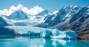 Stunning Himalayan landscape featuring glaciers and serene glacial lakes in vibrant blue and white tones.