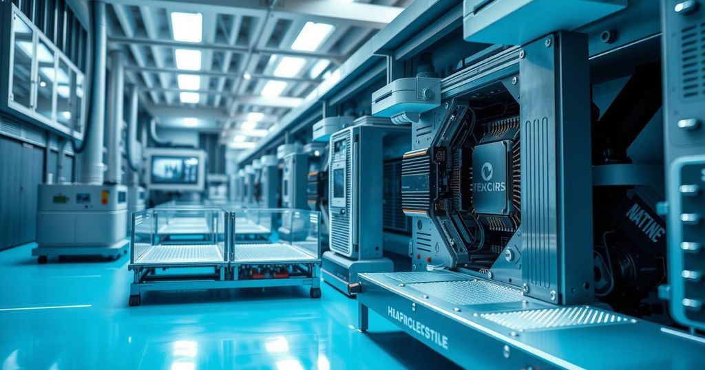 Close-up of semiconductor chip manufacturing process with modern equipment and cleanroom setting, highlighting technology.