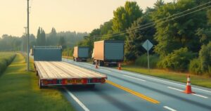 A scenic road with flatbed trailers parked on the side, surrounded by trees and reflective traffic cones.