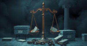 A symbolic illustration of justice scales tipped, depicting a broken electoral system in Nigeria, with dark and muted colors.