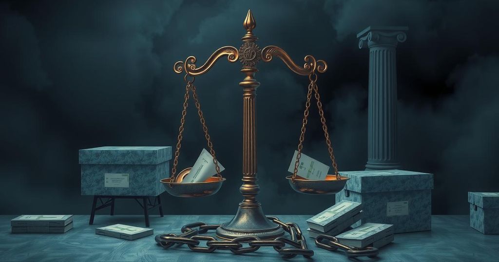 A symbolic illustration of justice scales tipped, depicting a broken electoral system in Nigeria, with dark and muted colors.