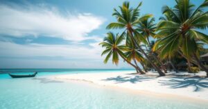 A serene beach in Thailand with clear blue water and palm trees, symbolizing vacation caution for travelers.