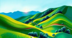 A scenic view of a tranquil landscape in Angola, showcasing lush greenery and rolling hills under a blue sky.