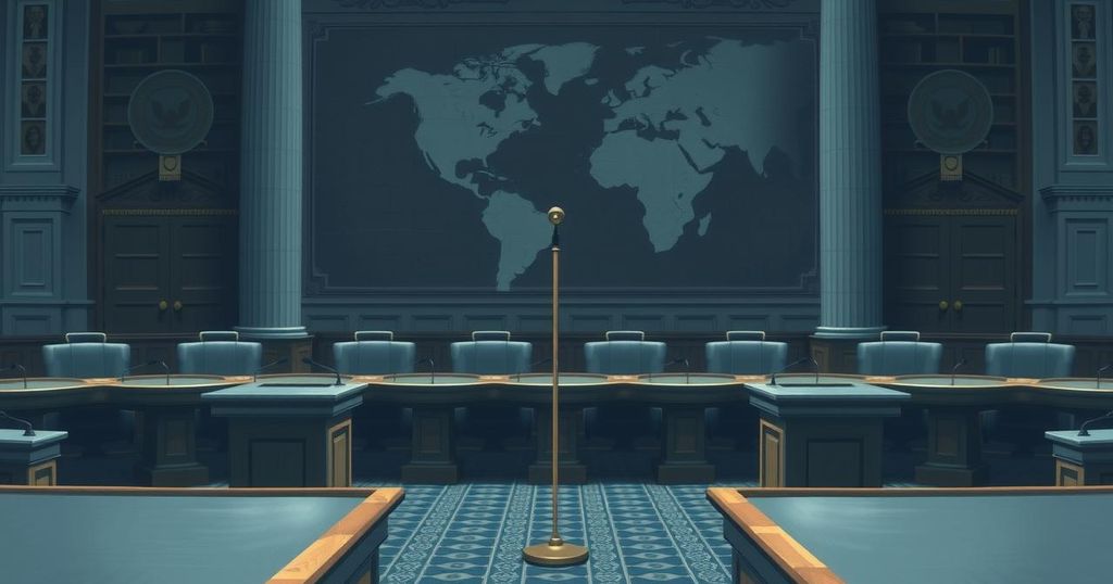 A tense Senate hearing room with two empty podiums representing a political debate.