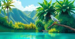 A natural landscape showing Hawaii with trees and a white tern in a serene setting, vibrant color scheme.
