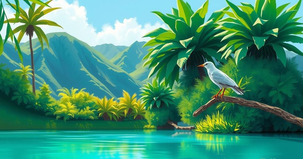 A natural landscape showing Hawaii with trees and a white tern in a serene setting, vibrant color scheme.