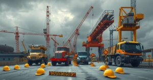 A construction site with machinery, hard hats, and caution signs, showcasing industrial activity and a cloudy sky.