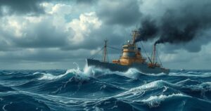 A ship navigating the high seas under a cloudy sky, symbolizing maritime inspections and vessel regulations.