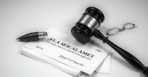 Silhouette of a gavel against a backdrop of legal documents with a dramatic monochrome color scheme.