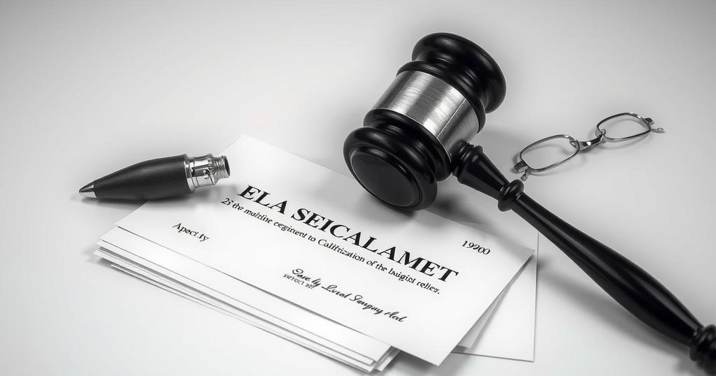 Silhouette of a gavel against a backdrop of legal documents with a dramatic monochrome color scheme.