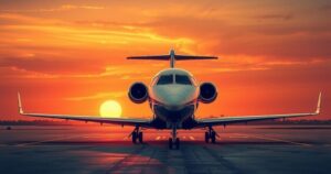 A luxury airplane against a sunset backdrop, symbolizing political controversy and foreign influence in governance.