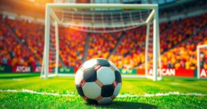 Vibrant soccer scene featuring a ball, green pitch, goalposts, and colorful stadium crowd atmosphere.