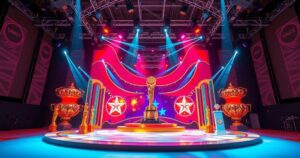 Vibrant awards ceremony setting featuring colorful stage with artistic decorations celebrating young achievers.