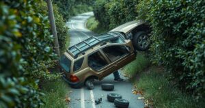 A damaged car on its roof surrounded by green bushes on a quiet road, depicting a recent vehicle accident.