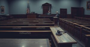 A somber courtroom scene with empty benches and a gavel on the judge's podium, conveying justice and sadness.